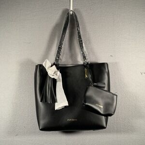 Joy & Iman Black Leather Tassel Tote Bag & Removable Insert & Coin Purse, Black